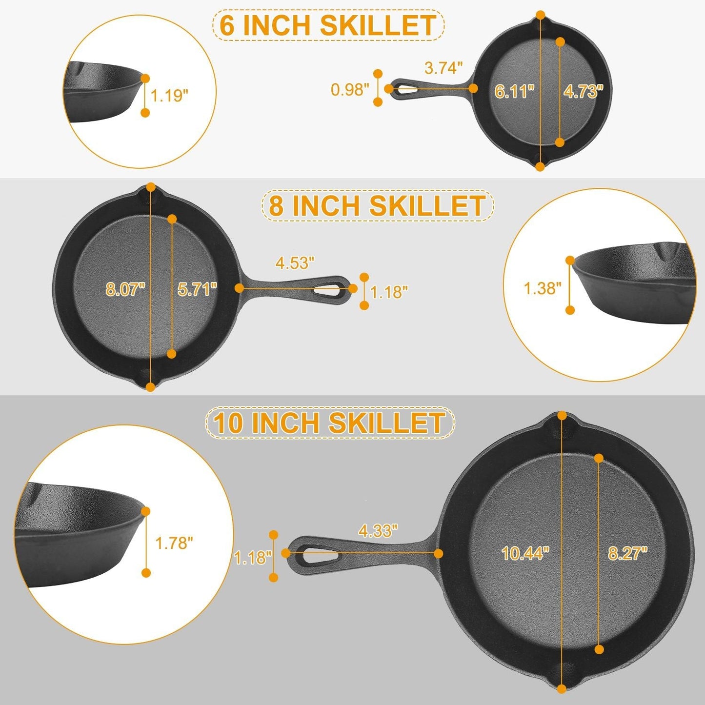 3Pcs Pre-Seasoned Cast Iron Skillet Set 6/8/10in Non-Stick Oven Safe
