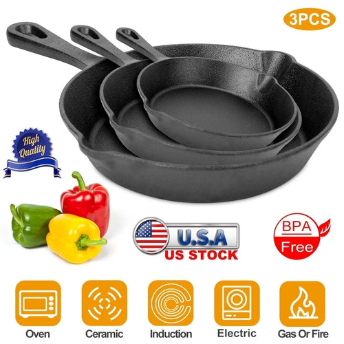 3Pcs Pre-Seasoned Cast Iron Skillet Set 6/8/10in Non-Stick Oven Safe