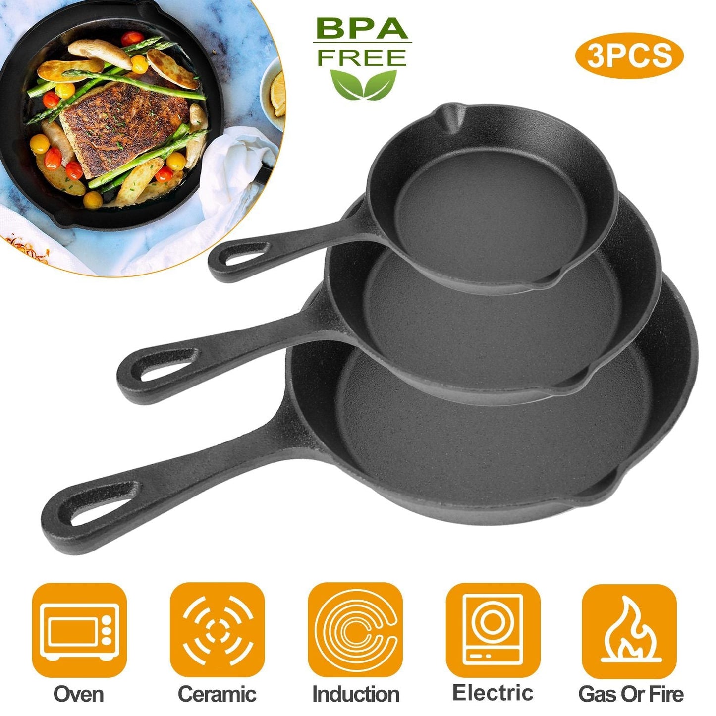 3Pcs Pre-Seasoned Cast Iron Skillet Set 6/8/10in Non-Stick Oven Safe