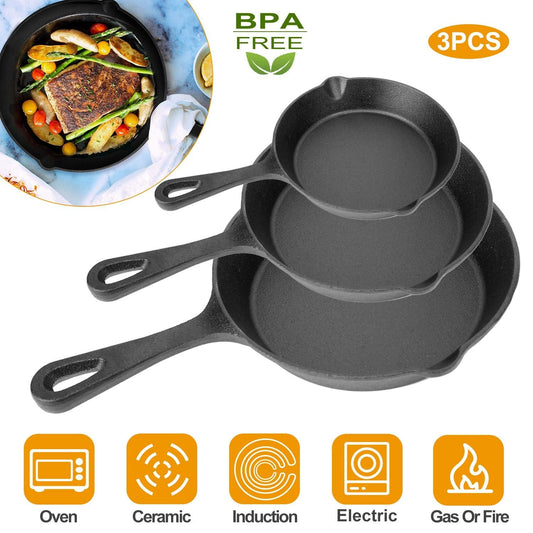 3Pcs Pre-Seasoned Cast Iron Skillet Set 6/8/10in Non-Stick Oven Safe