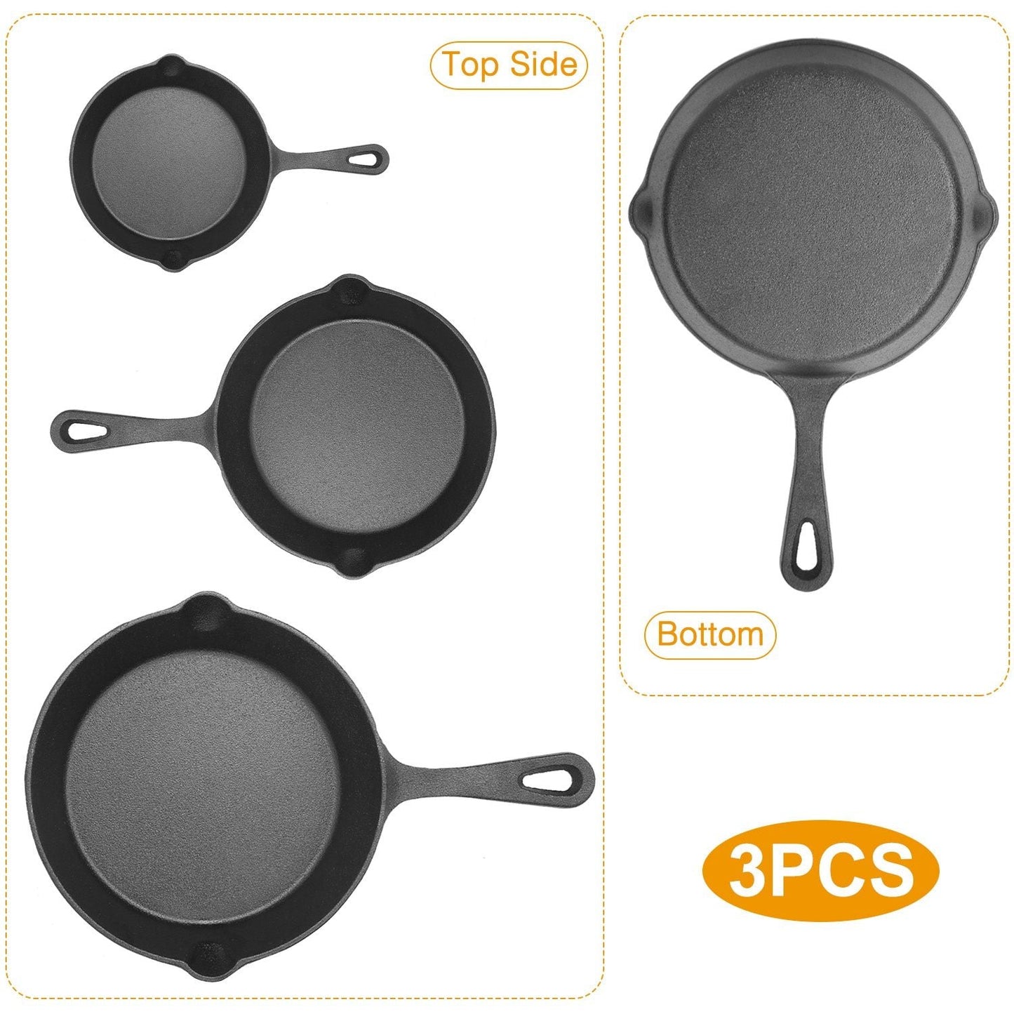 3Pcs Pre-Seasoned Cast Iron Skillet Set 6/8/10in Non-Stick Oven Safe